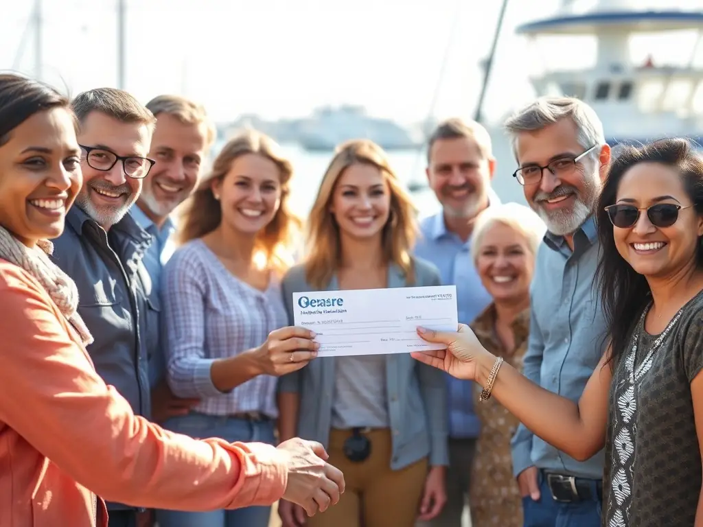 A photo of a diverse group of people making a donation to DEFI LYCEE MARITIME PIERRE LOTI, symbolizing financial support and community investment in maritime education.