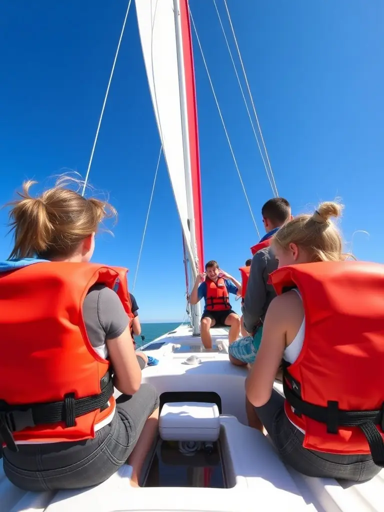 A group of students participating in a sailing lesson, learning to adjust the sails on a small sailboat under the guidance of an instructor, with the open sea in the background.