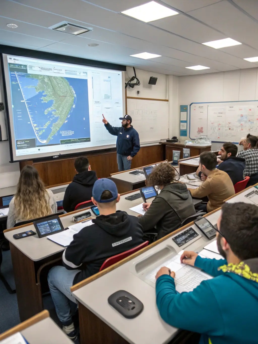 Students learning about navigation tools and techniques in a classroom setting, with charts and maps visible.