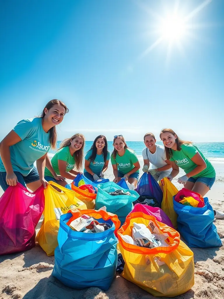 Students participating in a beach cleanup activity, collecting plastic waste and learning about marine conservation.