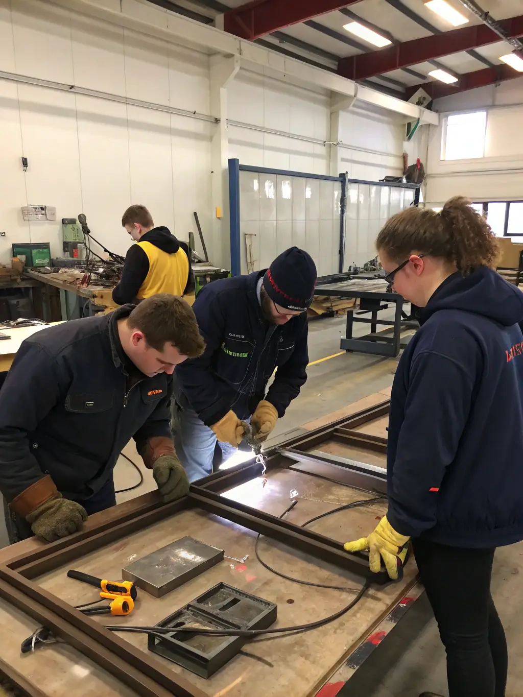 A team of students working together to repair and maintain a small sailboat, with tools and equipment visible.