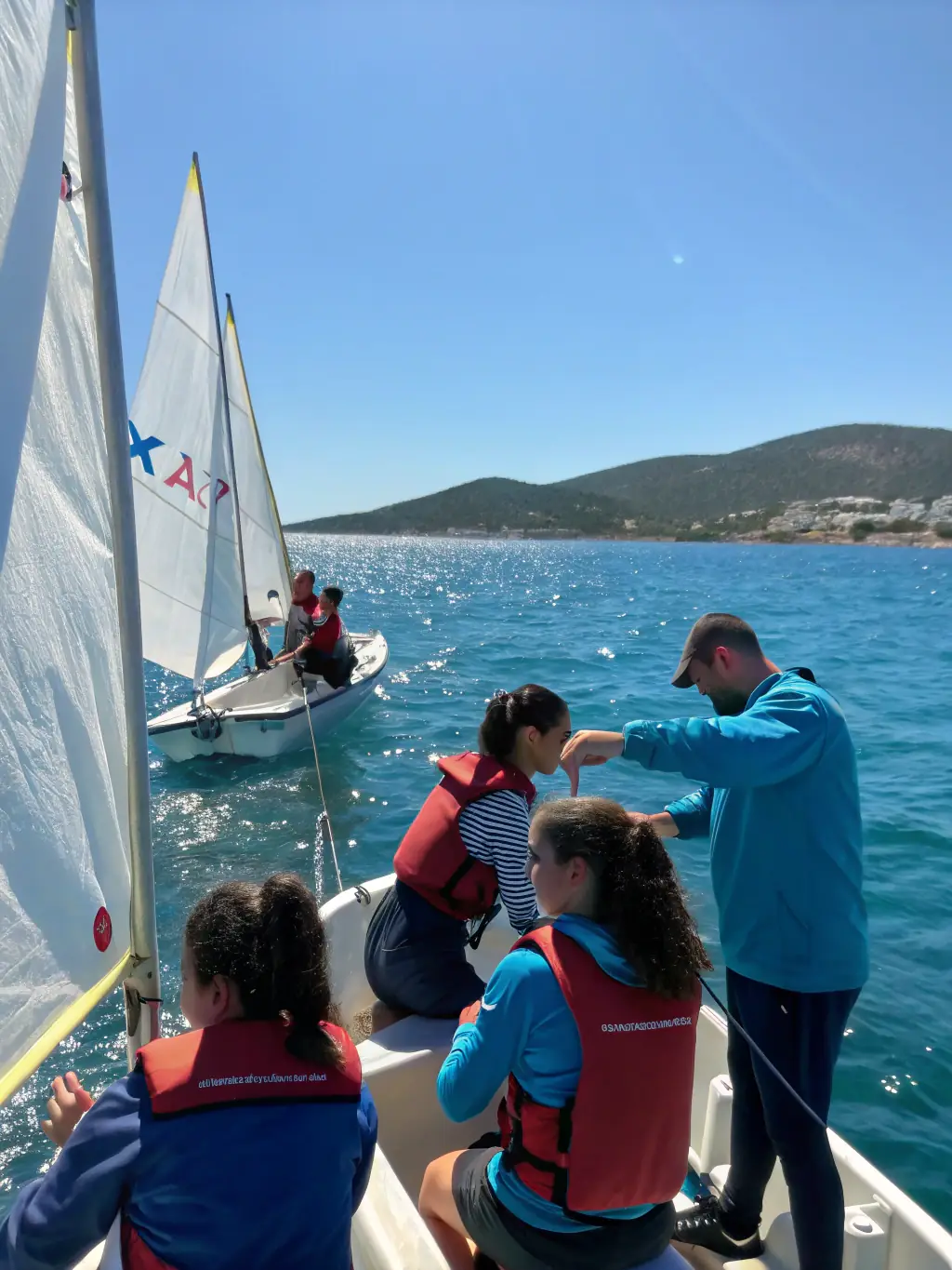 A group of students wearing life jackets and participating in a sailing workshop on a sunny day, with boats and the sea in the background.