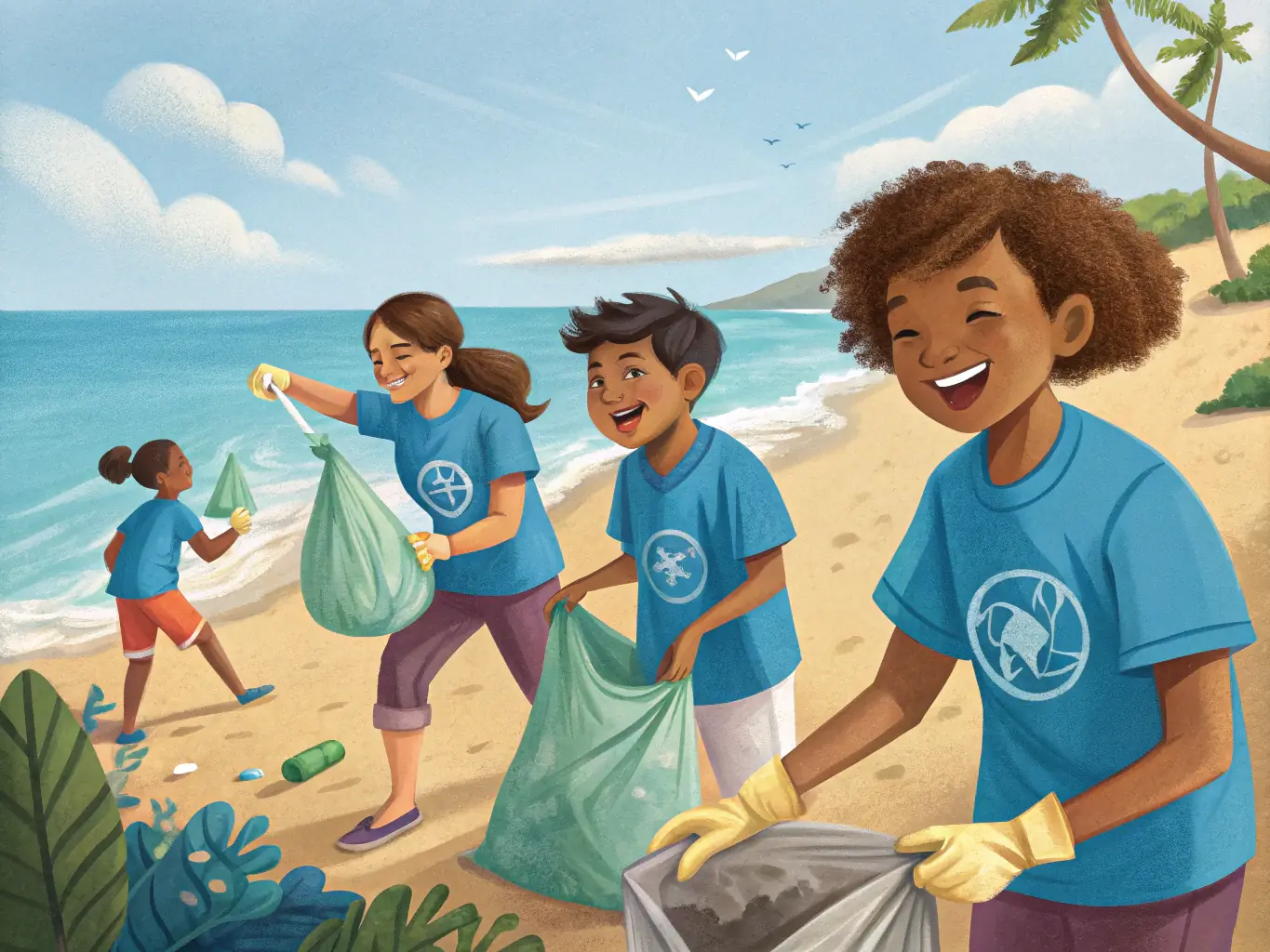 A group of students participating in a coastal cleanup activity, emphasizing environmental responsibility and the impact of DEFI LYCEE MARITIME PIERRE LOTI's programs.